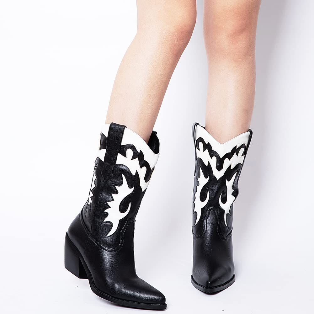 Amazon.com: Erocalli Women's Cowboy Boots Cowgirl Boots Western Chunky Heel Almond Toe Boots Mid ... | Amazon (US)