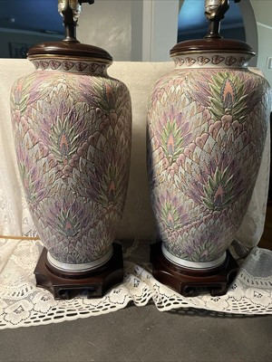 Pair 2 Vintage Chinoiserie Asian Porcelain Mauve Pink Peacock Table Lamps Lights | eBay US