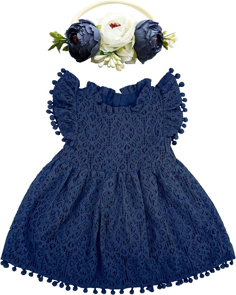 BGFKS Baby Girl Tutu Dress Elegant Lace Pom Pom Flutter Sleeve with Flower Headband Set | Amazon (US)