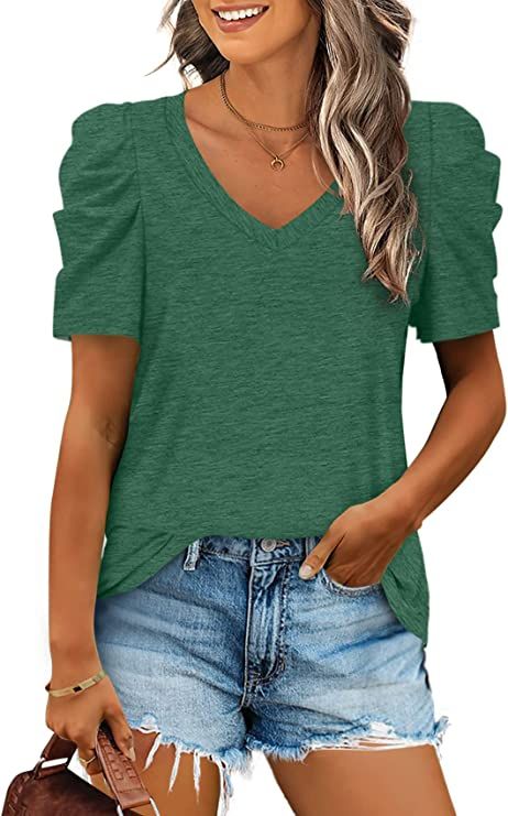 XIEERDUO Womens Summer Shirt V Neck Casual Tshirts Puff Sleeve Tops for Women Solid Color S-2XL | Amazon (US)