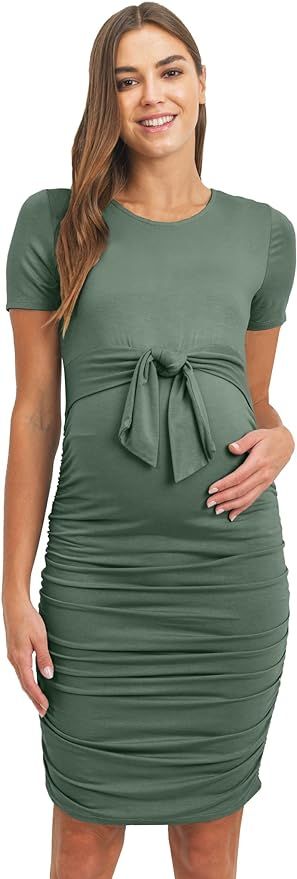 LaClef Maternity Short Sleeve Bodycon Dress with Tie Front, Side Ruched | Amazon (US)