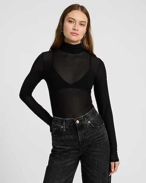 Fitted Mesh Mock Neck Long Sleeve Bodysuit | Express