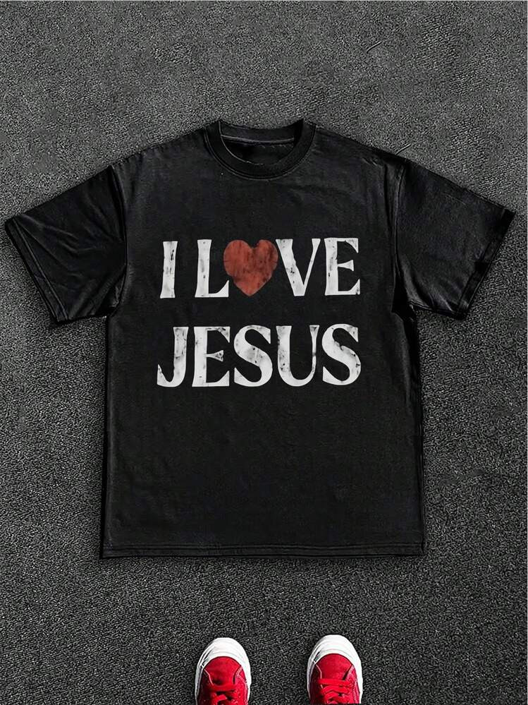 Men's Casual Cotton TShirt, I Love Jesus Distressed Print, Perfect For Church, Religious Events, ... | SHEIN