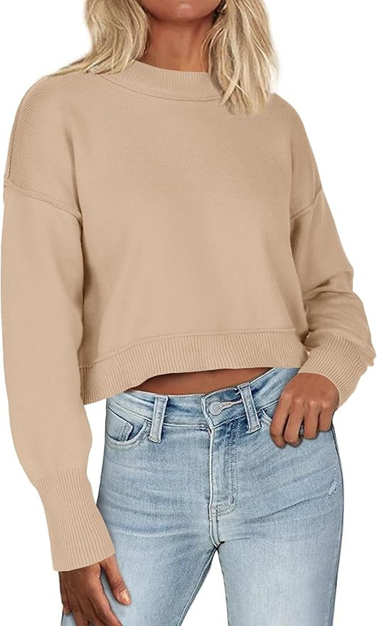 Zeagoo Womens 2024 Fall Crewneck Cropped Sweater Cozy Long Sleeve Ribbed Knit Pullover Dropped Sh... | Amazon (US)