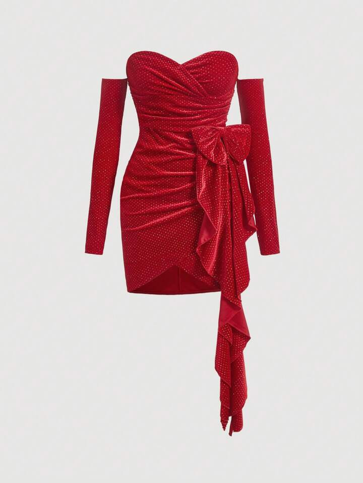 SHEIN MOD Off Shoulder Ruched Bow Detail Draped Front Glitter Velvet Bodycon Dress | SHEIN