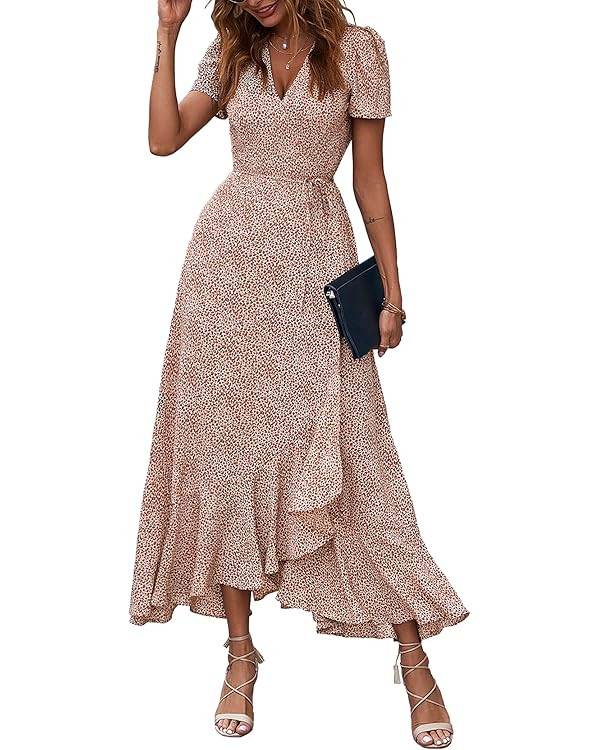 PRETTYGARDEN Women's Summer Wrap Maxi Dress Casual Boho Floral V Neck Short Sleeve Ruffle Hem Spl... | Amazon (US)
