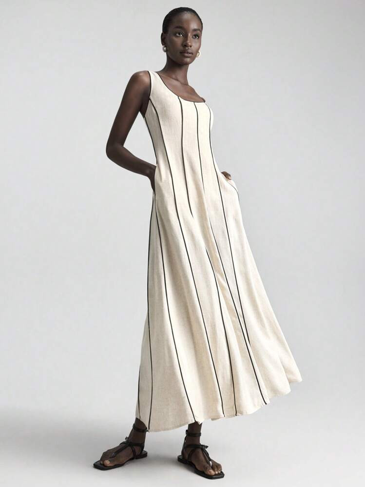 Ontre Vestido De Lino Cómodo De Color Albaricoque Para Las Cuatro Estaciones, Vestido Sin Mangas Con Tira De Dientes De Sierra En Contraste Negro, Vestido Largo De Mujer Simple Y De Moda Con Cuello Redondo | SHEIN