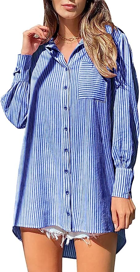 GOBLES Simple Women's Oversized Tunic Loose Fitting Long Sleeve Striped Button Down Shirts | Amazon (US)