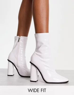 Raid Wide Fit Saylor block heel sock boots in white patent | ASOS (Global)