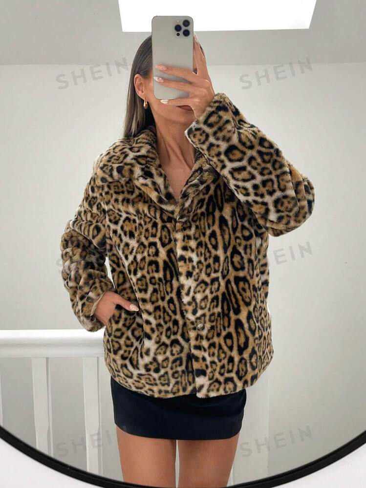 SHEIN Essnce Women Fur Coat,Brown Leopard Print Short Fluffy Jacket, Lapel Leopard Print Short Fl... | SHEIN