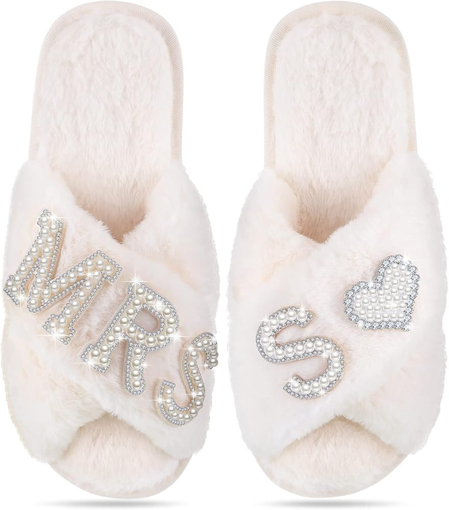 Tarpop Women's Fuzzy Cross Slippers Bride Wedding Slippers Gift Open Toe House Slipper Bedroom Sh... | Amazon (US)