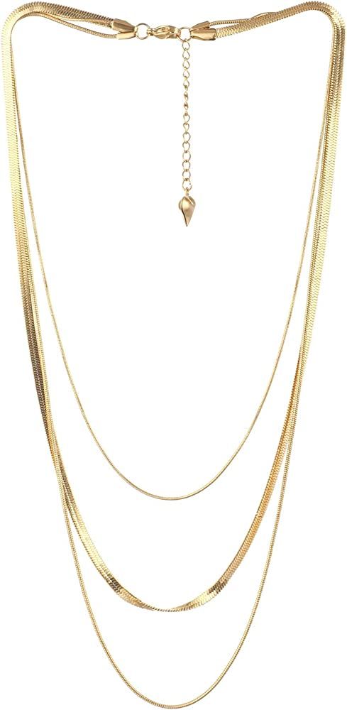 Léwind Herringbone Chain Layered Necklace, 3mm Layering Chain Long Choker Necklace, 18K Gold Dainty  | Amazon (US)
