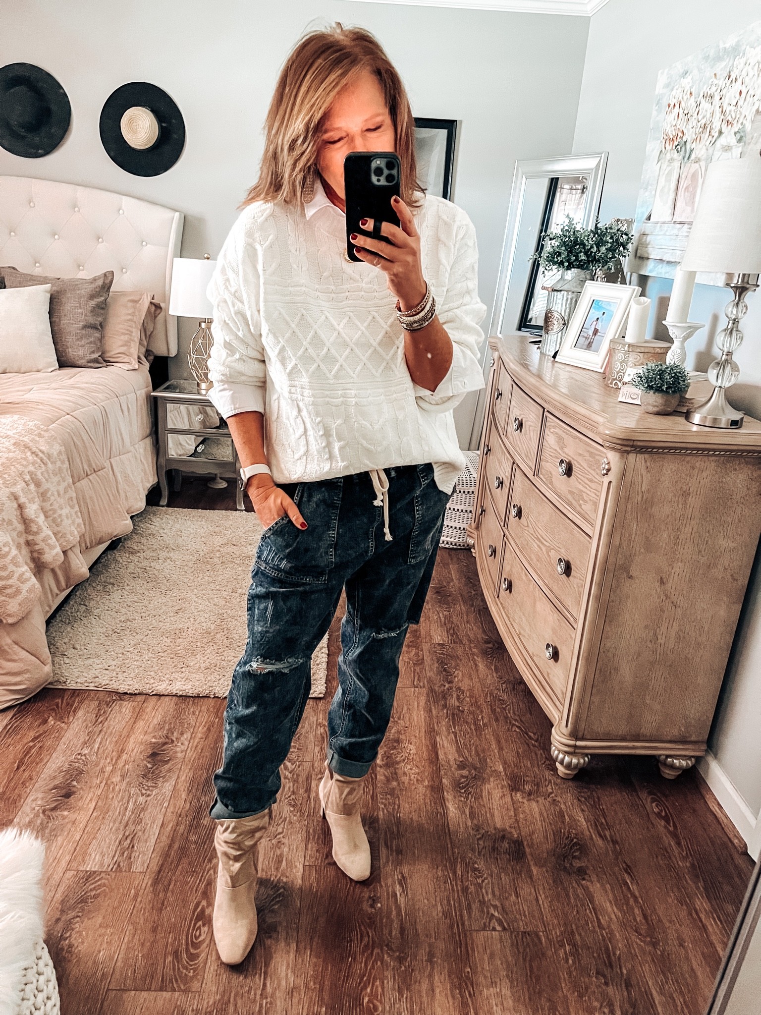 Time and Tru white sweater with white button down shirt, styled with pull on denim drawstring jogger jeans -Amazon Best Seller and taupe boots. All items fits tts. 

Amazon fashion, Amazon finds, Walmart fashion, Walmart finds, casual outfit, fall fashion, fall outfit, weekend outfit, date night, sweater, joggers, boots, fashion over 40


#LTKstyletip #LTKsalealert #LTKunder50