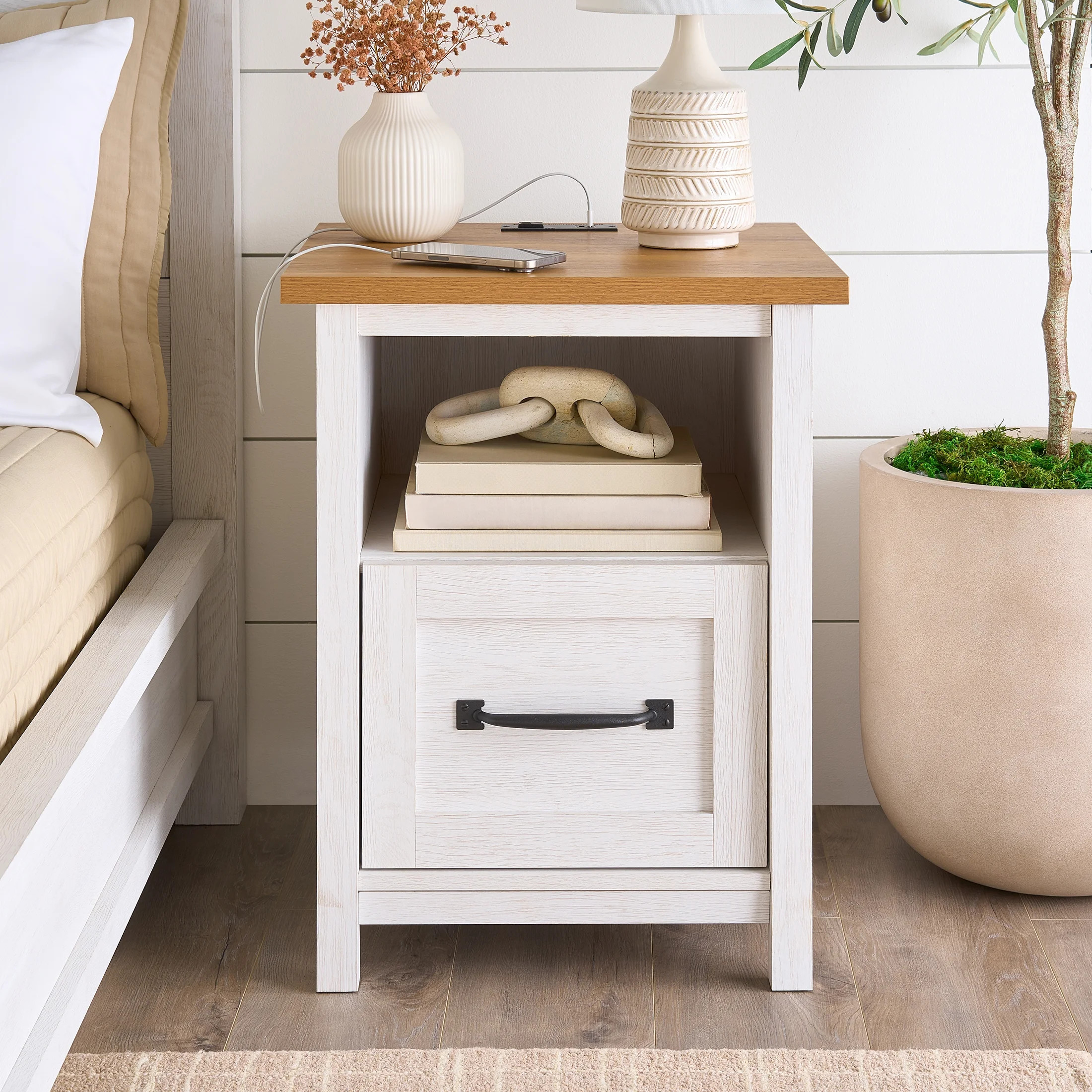 Better Homes & Gardens Modern Farmhouse Nightstand with USB, Alabaster and Light Honey Finish | Walmart (US)