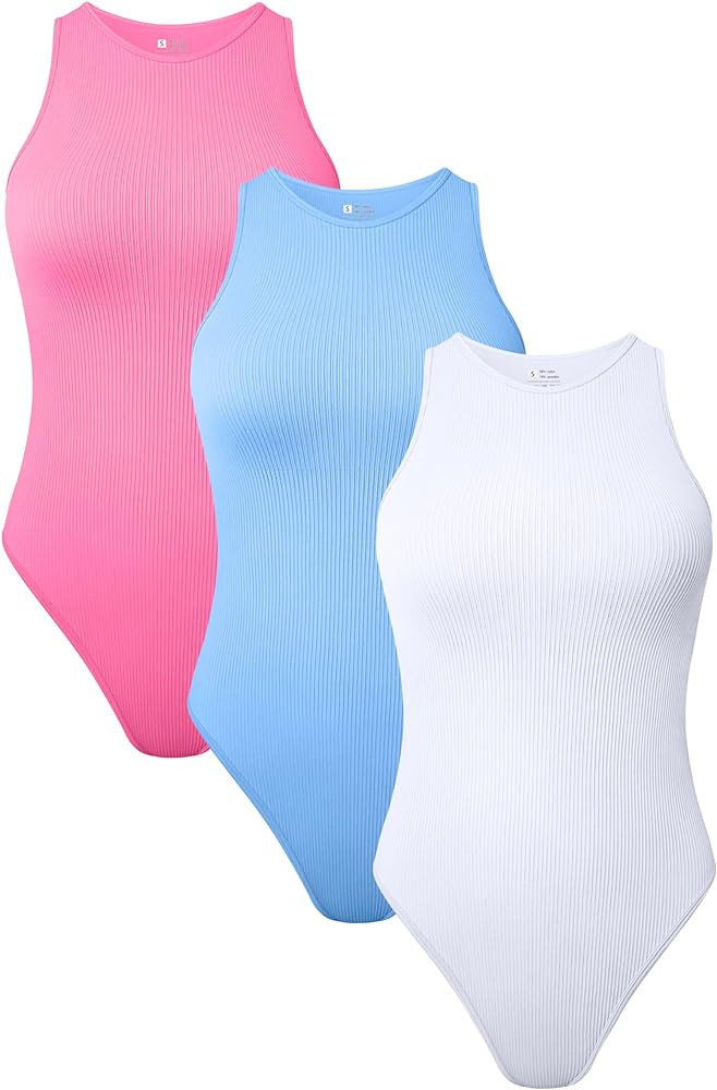 TOB Women's 3 Piece Bodysuits Sexy Ribbed Sleeveless Halter Neck Shapewear Bodysuits | Amazon (US)