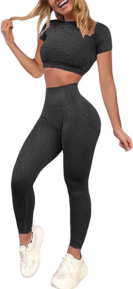 YOFIT Women's Workout Outfit 2 Pieces Seamless High Waist Yoga Leggings with Long Sleeve Crop Top... | Amazon (US)