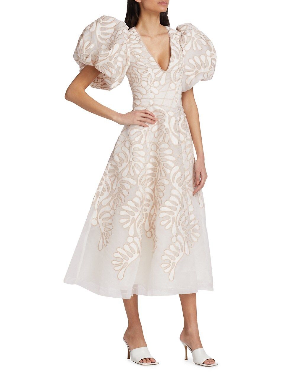Botanical Applique Puff-Sleeve Midi-Dress | Saks Fifth Avenue