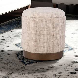 Handwoven Boreas Tan Check Wool 16 in. Round Storage Ottoman with Hammered Metal Base | The Home Depot