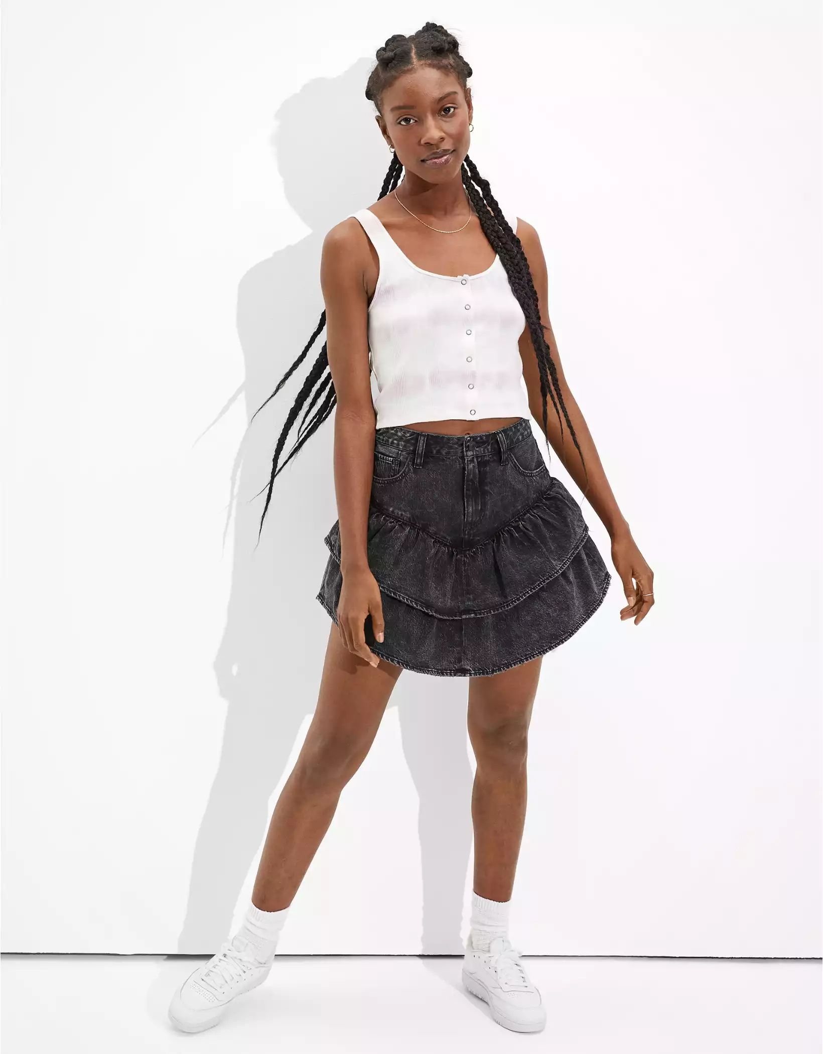 AE Super High-Waisted Tiered Denim Skirt | American Eagle Outfitters (US & CA)