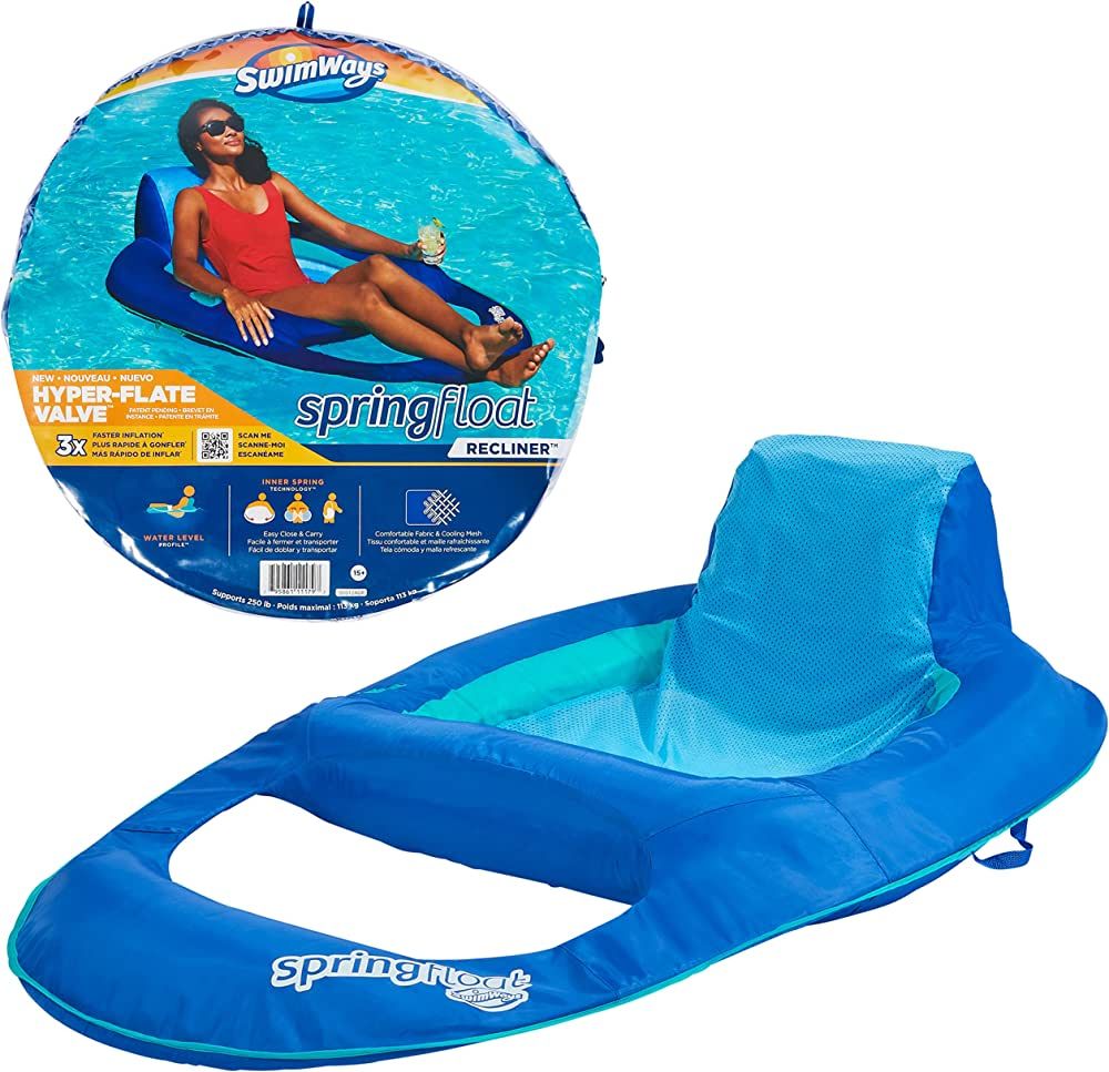 SwimWays Spring Float Recliner Pool Lounger with Hyper-Flate Valve, Inflatable Pool Float, Blue | Amazon (US)