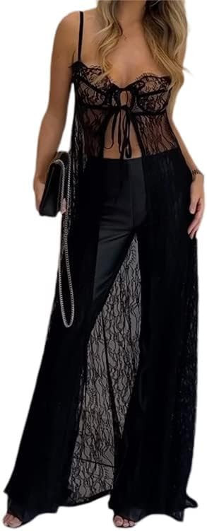 Women See Through Lace Dress Y2k Sexy Sheer Mesh Bodycon Long Dress Spaghetti Strap Sleeveless Cover Up Maxi Dress | Amazon (US)