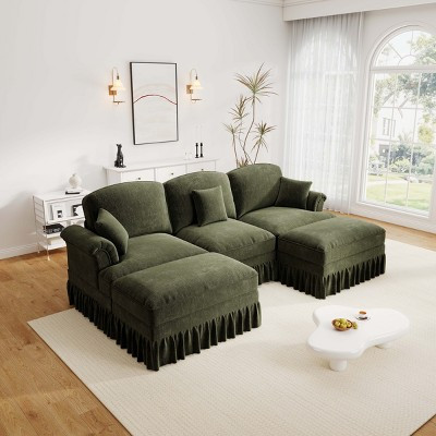 MooxvMoo 107in Chenille Midcentury Modern Sofa U Shaped Couch, with Detachable Ruffle Hem, Sectional Couches W/ Throw Pillows & 2 Ottoman, Green | Target