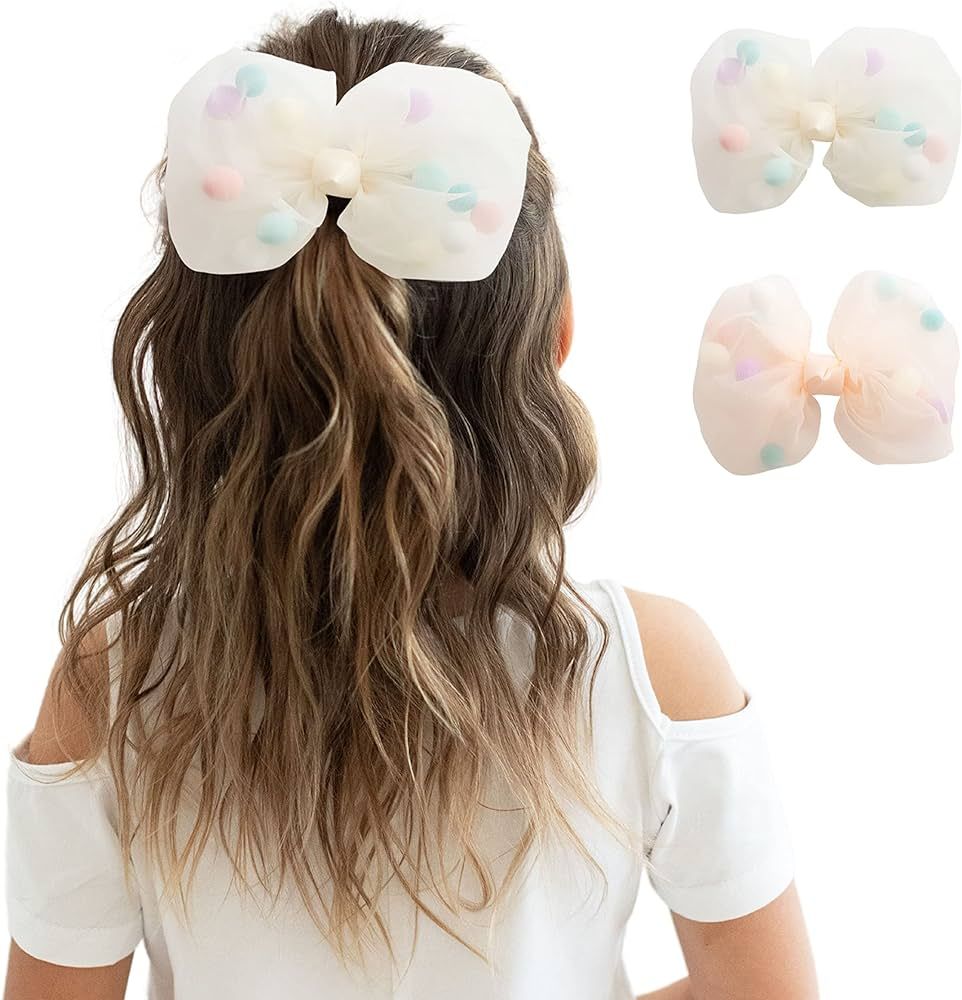 2Pcs Tulle Pompons Large Bow Hair Clips - For Girls and Women - Stylish Hair Accessory for Birthd... | Amazon (US)
