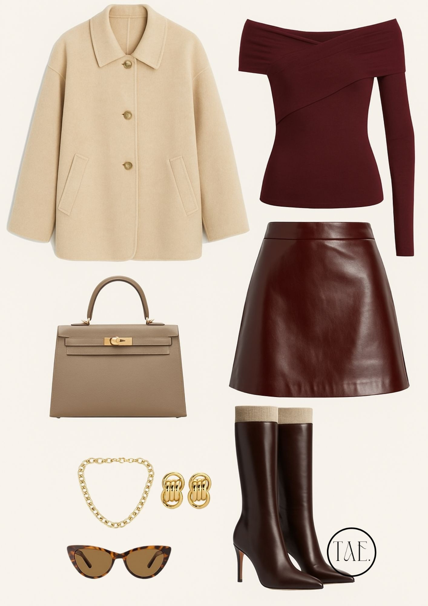 The perfect fall romance aesthetic. A chic off-shoulder knit in deep burgundy paired with a luxe leather mini skirt and tall heeled boots creates the ultimate feminine power look. Finished with a timeless cream coat, gold jewelry, and oversized sunglasses, this outfit is made for autumn strolls and city nights. 🍷✨

#FallFashionTrends #RomanticAesthetic #CozyChicStyle #PinterestOutfits #OldMoneyVibes #FallDateNightOutfit #VintageInspiredStyle #ChicFallLooks #LuxuryWardrobe #TheAestheticEnthusiast

#LTKStyleTip