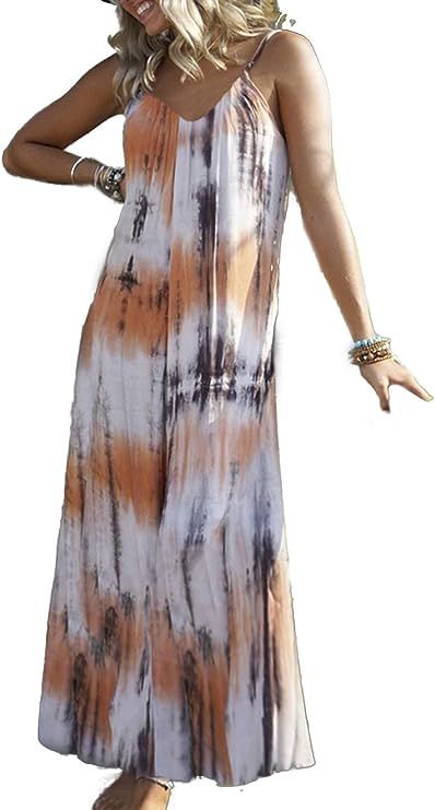 Simplee Women's Sleeveless Tie Dye Dress V Neck Spaghetti Strap Tank Maxi Dresses | Amazon (US)