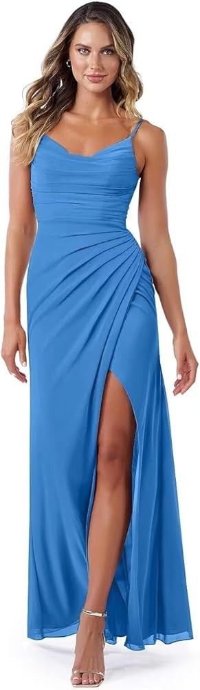 Noras dress Mermaid Bridesmaid Dresses Long with Slit 2024 Spaghetti Strap Chiffon Formal Party D... | Amazon (US)