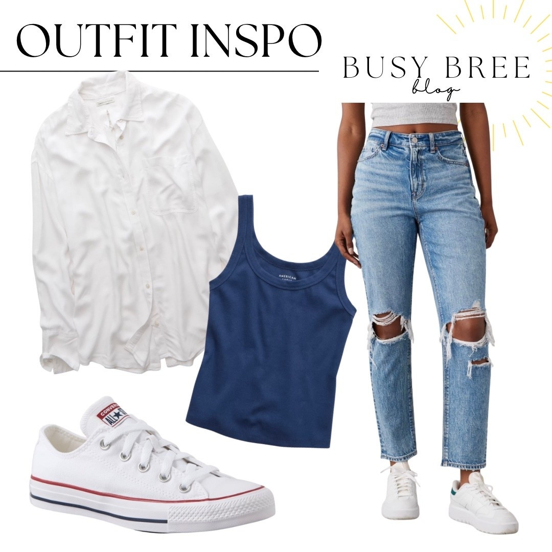 American Eagle sale, American Eagle outfit inspo, casual outfit, white button up outfit, mom jeans, white sneakers, spring to summer capsule outfit

#LTKmomlife #LTKMidsize #LTKSaleAlert