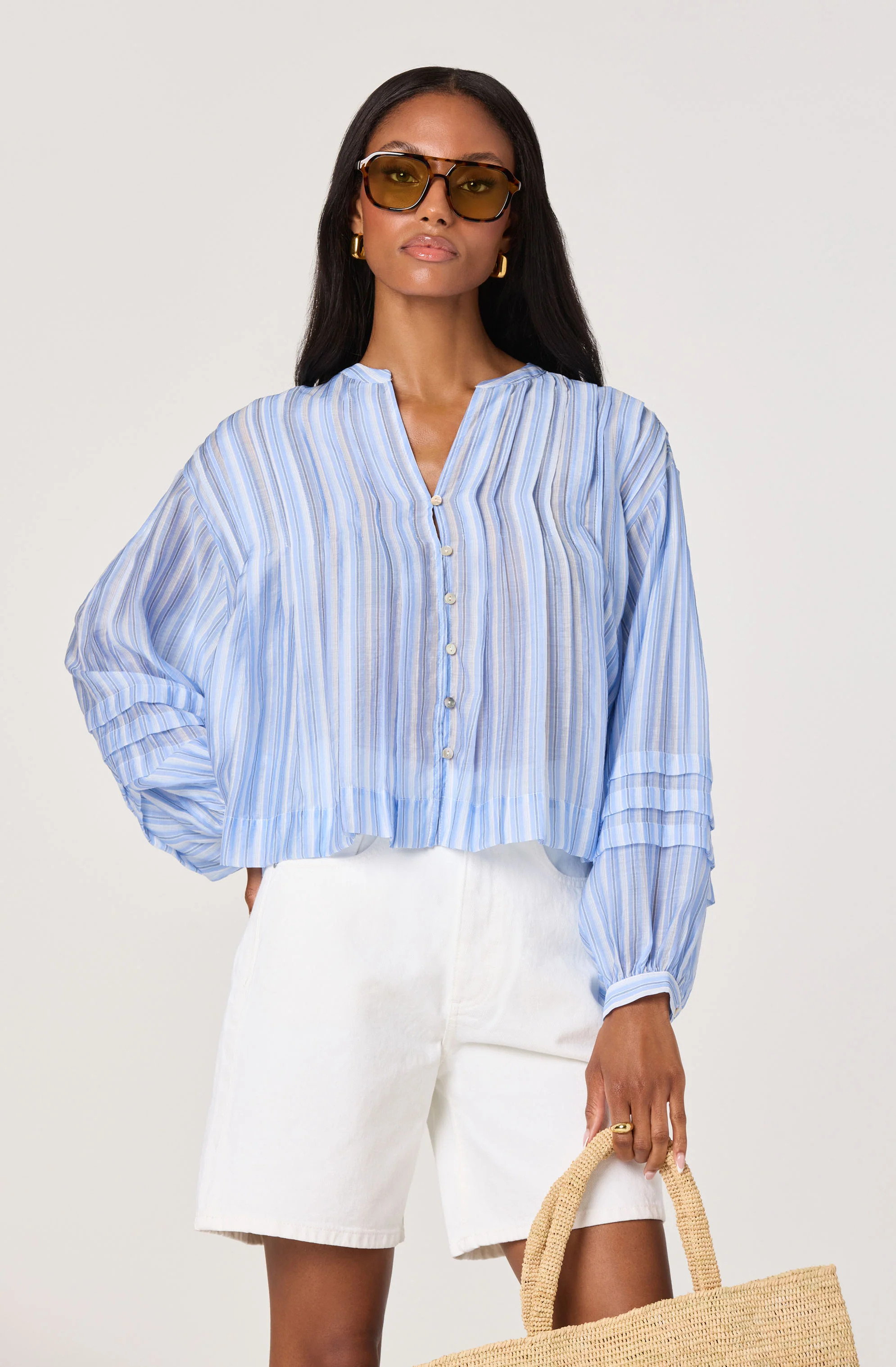 Ericka Striped Balloon Sleeve Blouse - Blue stripe / XS | ASTR The Label (US)