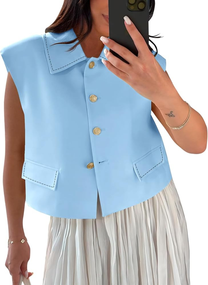 Tankaneo Womens Cropped Suit Vest Tops Cap Sleeve Lapel Collar Button Down Trendy Casual Blazer W... | Amazon (US)
