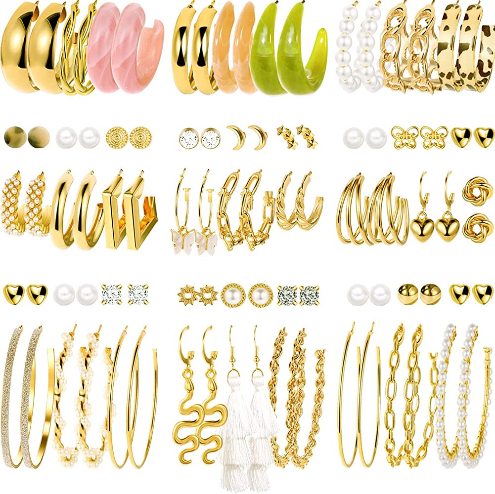45 Pairs Gold Hoop Earrings for Girls Women, Chunky Twisted Small Big Hoops Earring Packs Set, Ea... | Amazon (US)