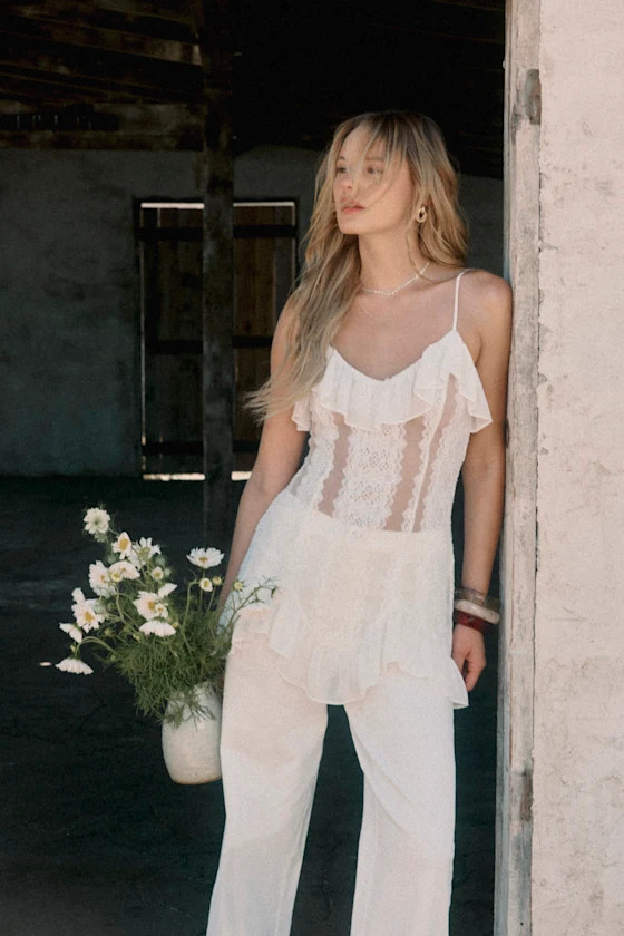 Trinity White Sheer Lace Ruffled Lingerie Slip | Lulus