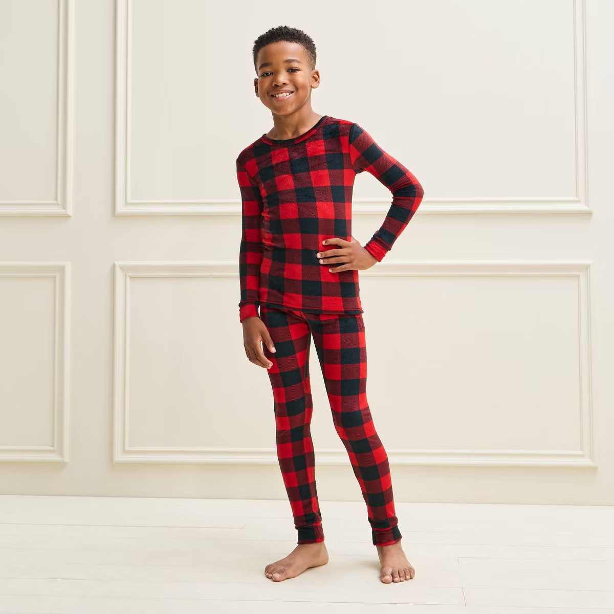 Boys' Bufflo Check Long Sleeve and Pants Snugs Fit Velour 2pc Pajama Set - Cat & Jack\u2122 Red/B... | Target