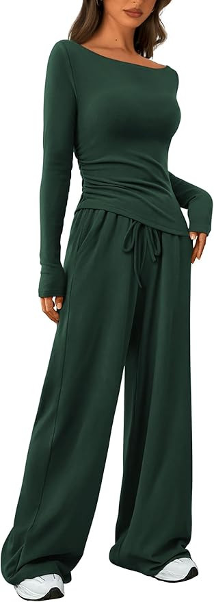 PRETTYGARDEN Women's 2 Piece Lounge Sets Asymmetrical Long Sleeve T Shirt Wide Leg Pants Casual O... | Amazon (US)
