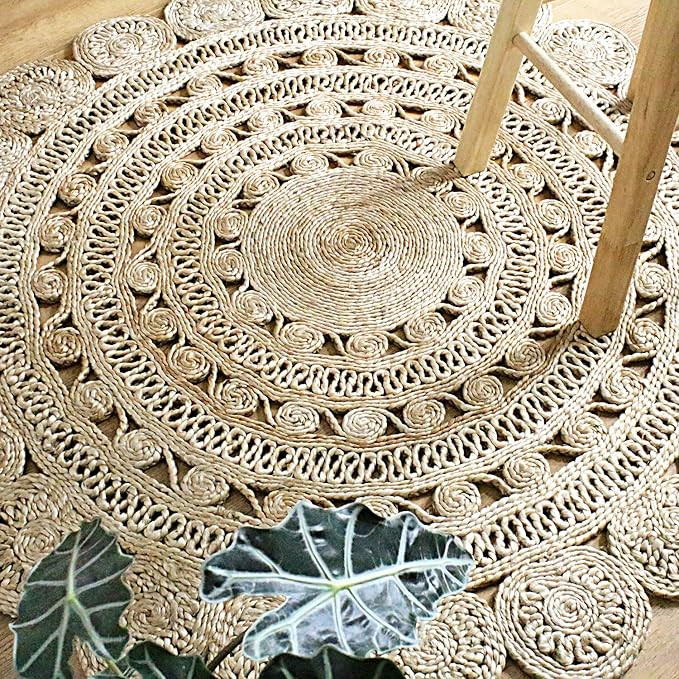 Round Jute Area Rug Woven Golden Leaf Handmade (4 Feet, Natural) | Amazon (US)