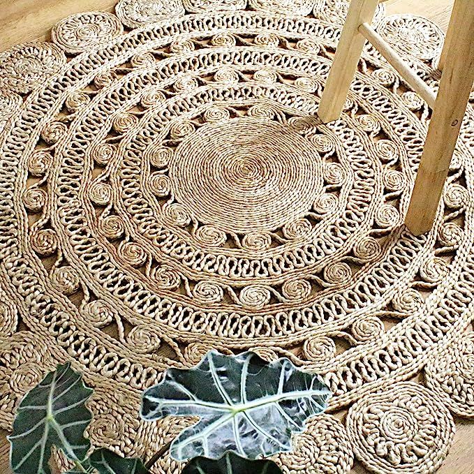 Round Jute Area Rug Woven Golden Leaf Handmade (4 Feet, Natural) | Amazon (US)