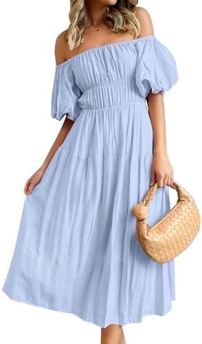 ZESICA Women's 2024 Sexy Boho Off Shoulder Puff Short Sleeve High Waist Ruffled Flowy A Line Beac... | Amazon (US)