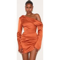 Burnt Orange Satin One Shoulder Drape Bodycon Dress | PrettyLittleThing US