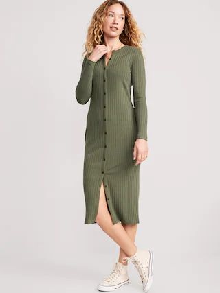 Fitted Rib-Knit Midi Button-Front Dress for Women | Old Navy (US)