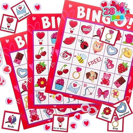 JOYIN 28 Players Valentine's Day Bingo Set, Game Cards for Kids School Classroom Party Supplies, ... | Amazon (US)