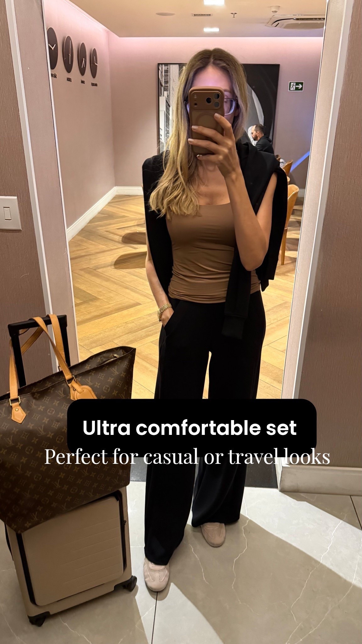 Use code: ALINEXSPANX for 15% off. Ultra comfortable set . Traveling to Brazil today 
Chic and so comfy! Perfect for casual looks too 
Run tts, wearing small and long version for the pants 
I am 5’9” 
Travel outfit 
Airport outfit 

#LTKU #LTKSeasonal #LTKTravel