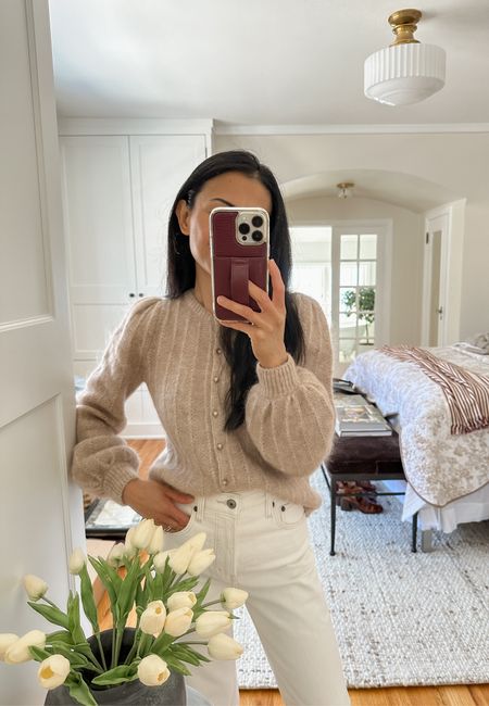 Amance Cardigan from Sézane. Love the delicate feminine details on the shoulders and sleeves 🫶. Paired with my off white ultra high rise 90’s straight jeans from Abercrombie  

#LTKstyletip