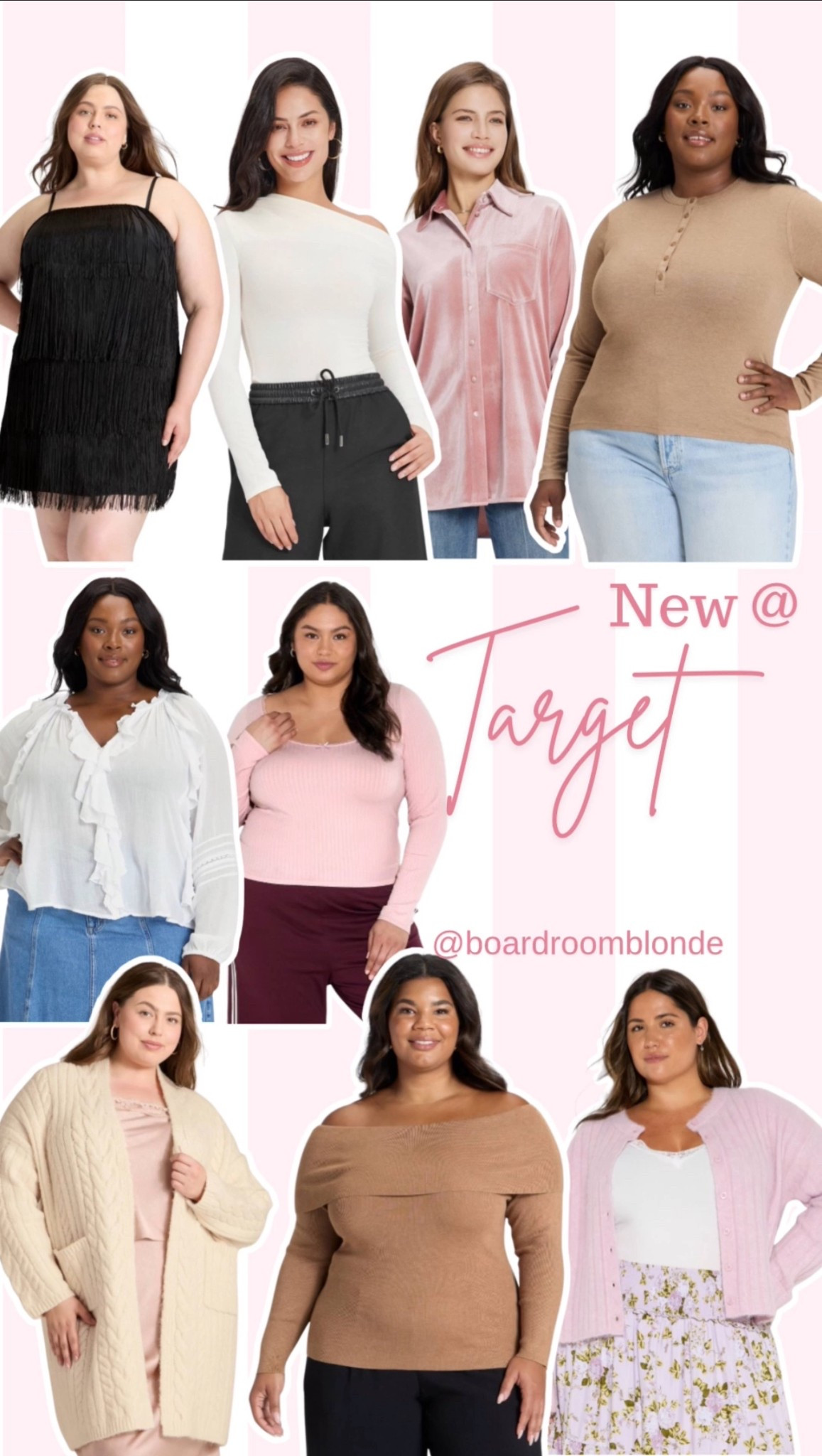 New at Target and honestly the best mix of elevated basics and cozy knits right now. Fringe minis for holiday, soft ribbed tops that don’t cling, velvet button-downs that look pricier than they are, and the cardigan options are actually good this season.

The off-shoulder sweater is the standout… it gives that polished, effortless look without trying. The white ruffle blouse is a great work-to-weekend piece, and the pink ribbed top is soft and flattering.

Everything linked in order below.

#LTKFindsUnder100 #LTKHoliday #LTKPlusSize