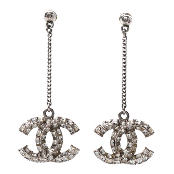 CHANEL Baguette Crystal CC Drop Earrings Silver | Fashionphile