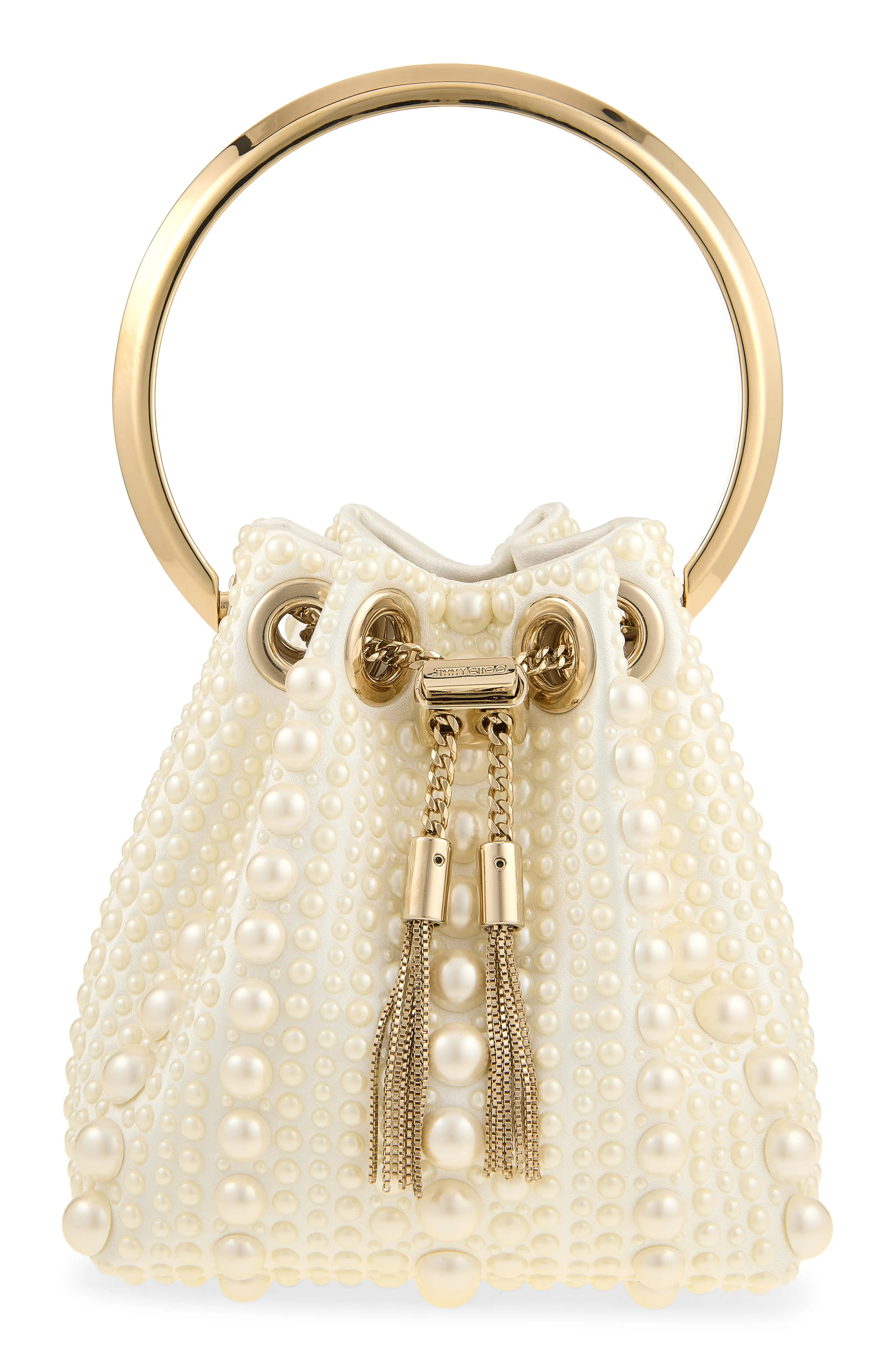 Jimmy Choo Micro Bon Bon Faux Pearl Embellished Satin Top Handle Pouch (Women) | Nordstrom | Nordstrom