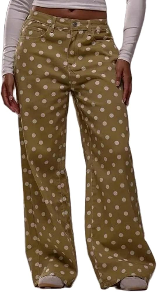 Yoawdats Women's Polka Dot Pattern Barrel Jeans Casual Wide Leg Mid Rise Denim Pants Y2K Boyfrien... | Amazon (US)