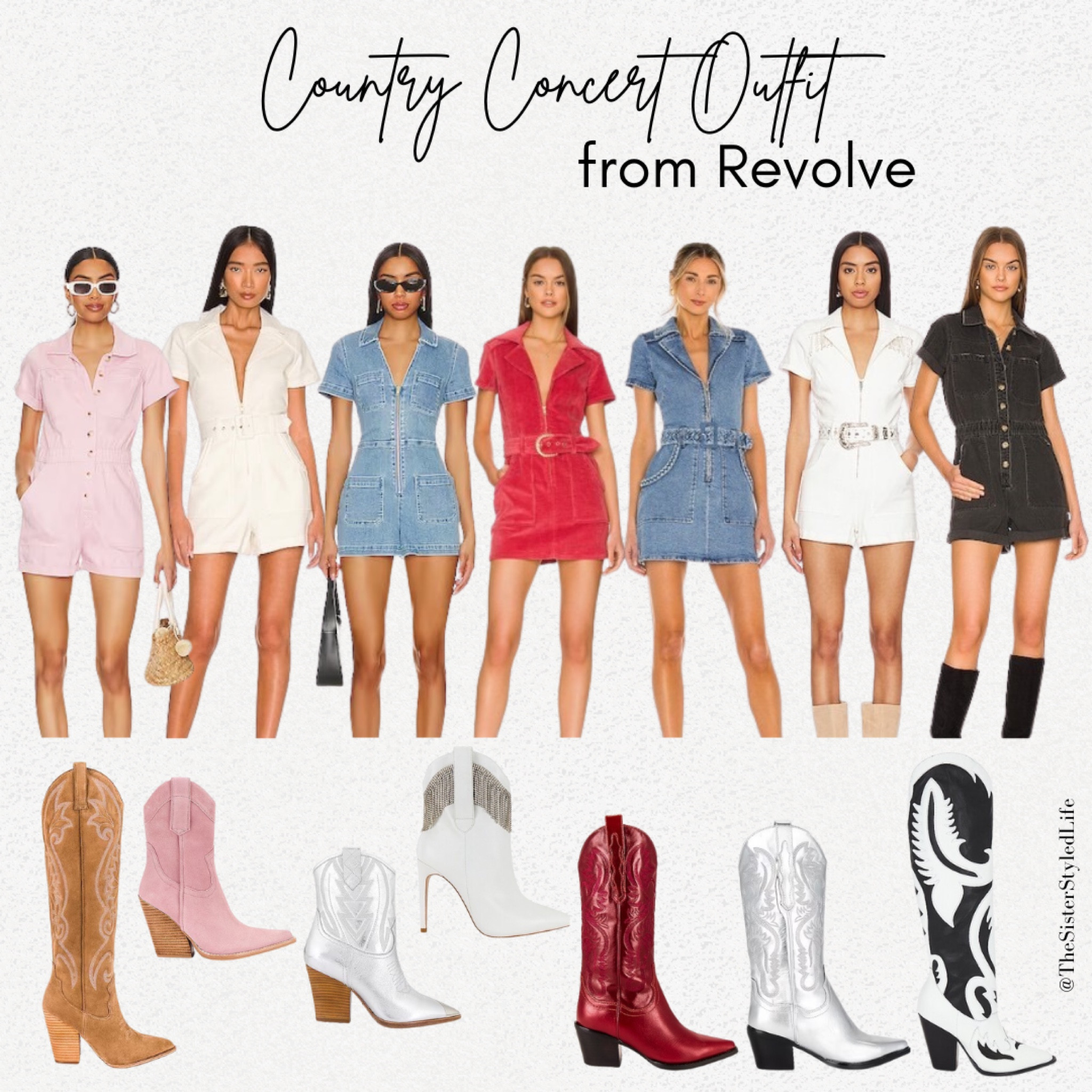 Country Concert outfit Inspo from Revolve! 
Rompers, denim, cowboy boots, cowgirl, concert, jumpsuit, classic, tall boots

#LTKFestival #LTKover40 #LTKstyletip